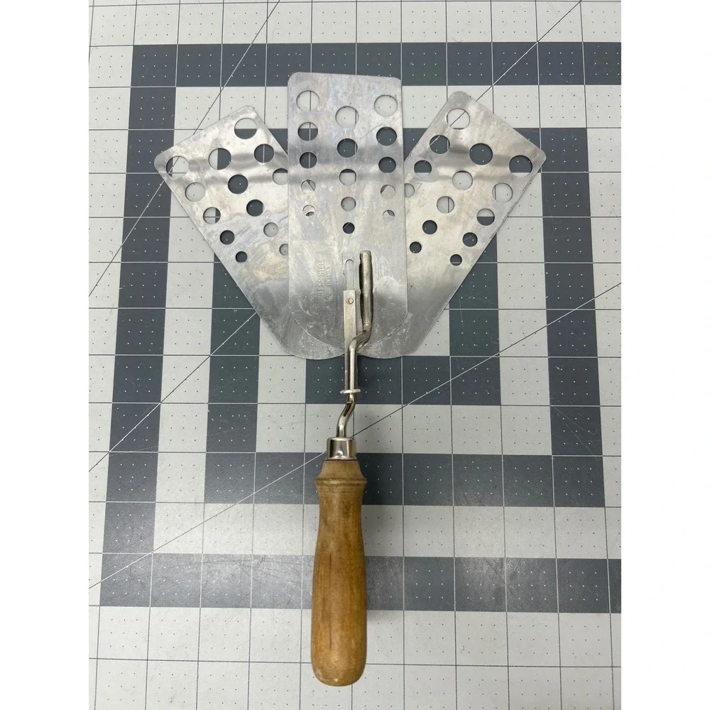 Vintage Triple 3 Blade Spatula Turner Expandable Wood Handle Stainless Steel USA
